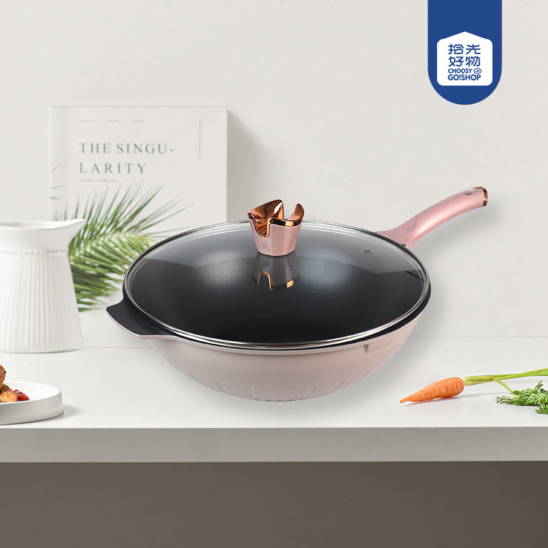 Smoke-Free Non-Stick Wok with Glass Lid – Deep Cooking Pan 32 cm