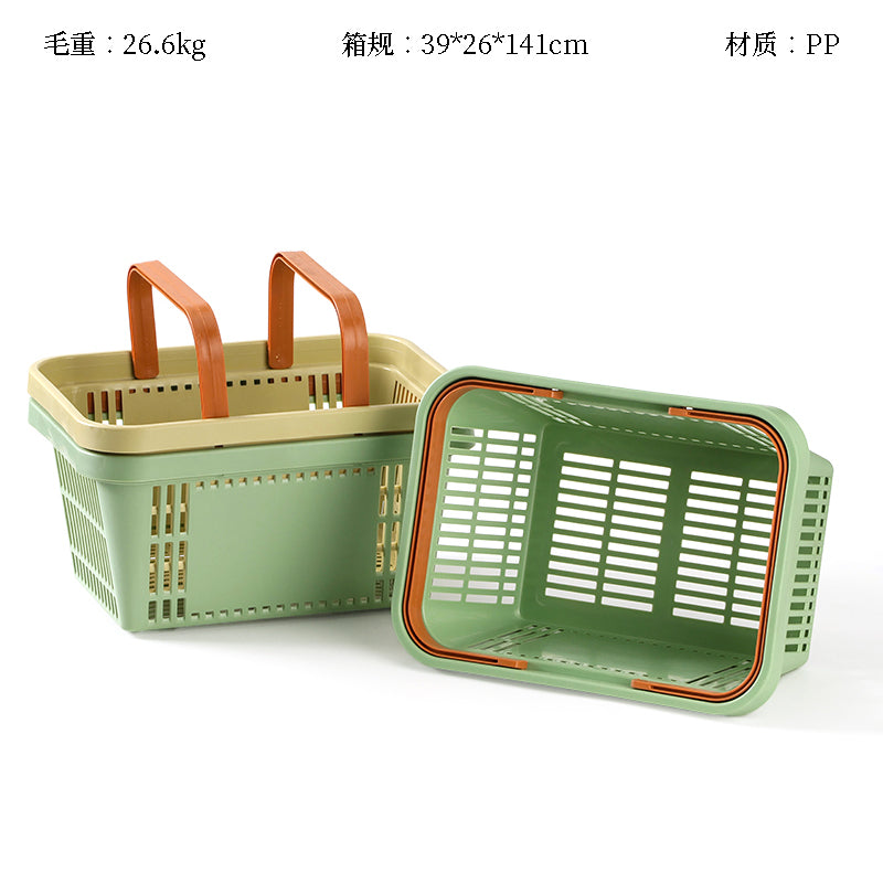 Green plastic basket with brown handles on a white background
