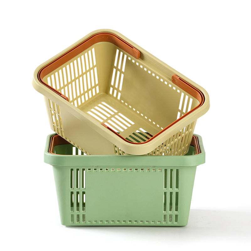 Two plastic baskets, one beige and one green, on a white background